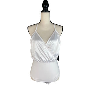 INC White Faux Wrap Deep V Neck BodySuit Sexy Size M Medium New